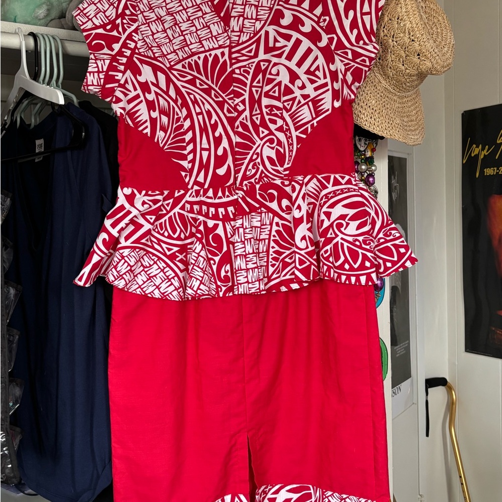 Red and White Patterned Peplum Dress